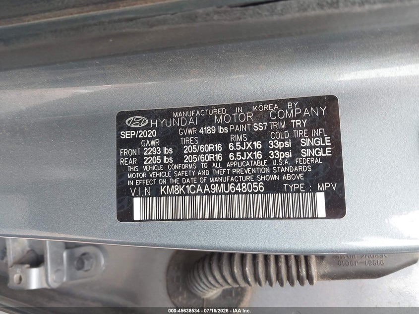 2021 Hyundai Kona Se VIN: KM8K1CAA9MU648056 Lot: 45638534