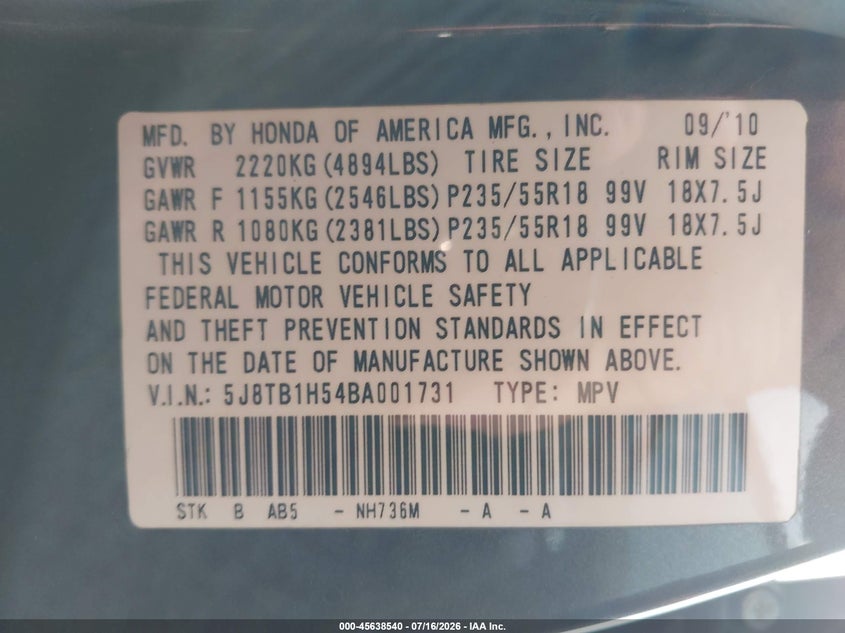 2011 Acura Rdx VIN: 5J8TB1H54BA001731 Lot: 45638540