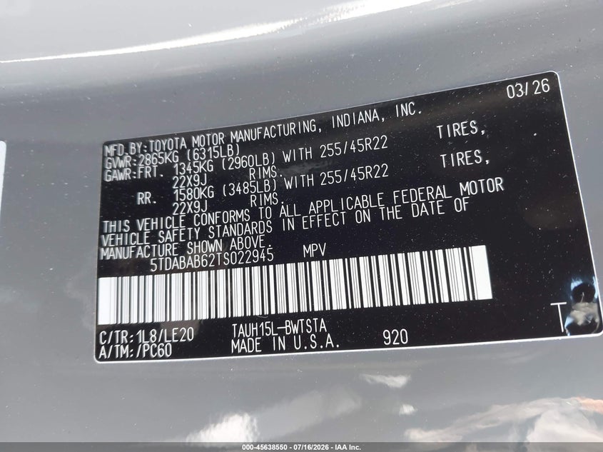 2026 Lexus Tx 500H F Sport Performance Luxury VIN: 5TDABAB62TS022945 Lot: 45638550