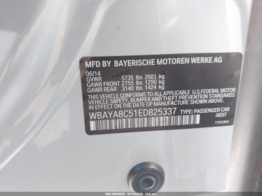 2014 BMW 750I VIN: WBAYA8C51ED825337 Lot: 45638556