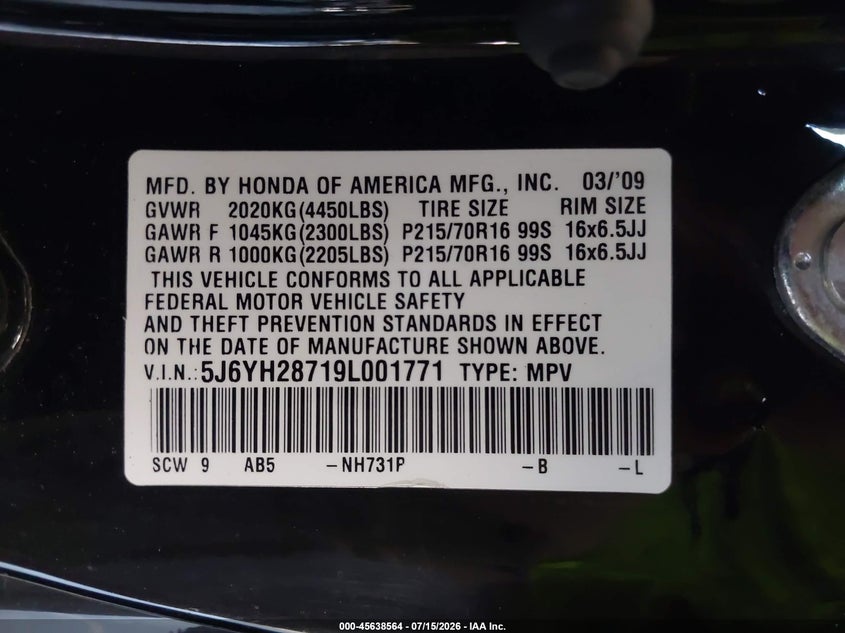 2009 Honda Element Ex VIN: 5J6YH28719L001771 Lot: 45638564