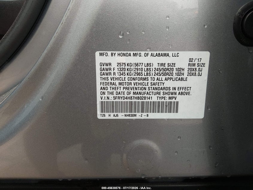 2017 Acura Mdx Advance Package VIN: 5FRYD4H87HB028141 Lot: 45638576