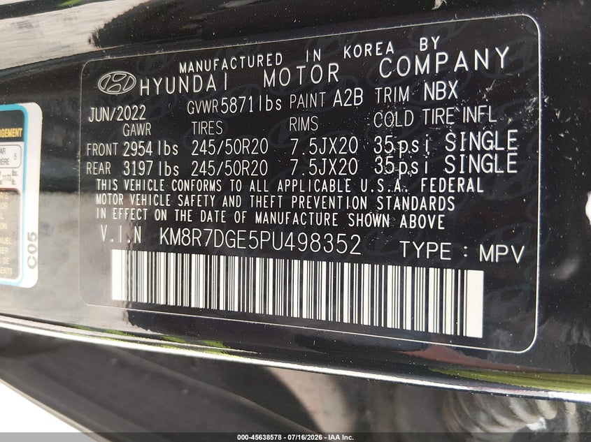2023 Hyundai Palisade Calligraphy VIN: KM8R7DGE5PU498352 Lot: 45638578