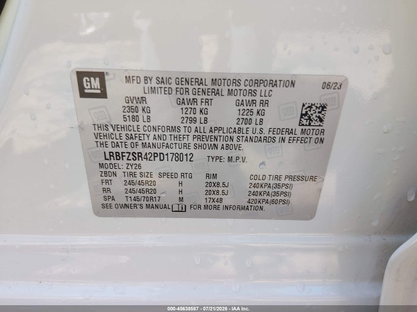 2023 Buick Envision Avenir Awd VIN: LRBFZSR42PD178012 Lot: 45638587
