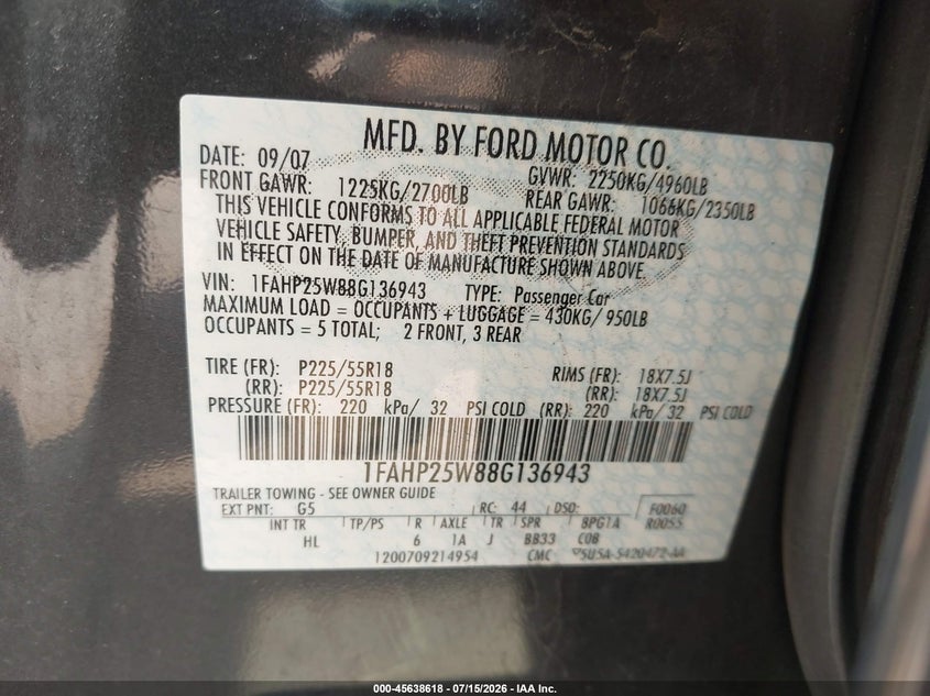2008 Ford Taurus Limited VIN: 1FAHP25W88G136943 Lot: 45638618