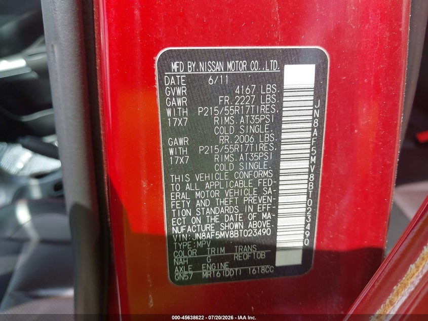 2011 Nissan Juke Sl VIN: JN8AF5MV8BT023490 Lot: 45638622