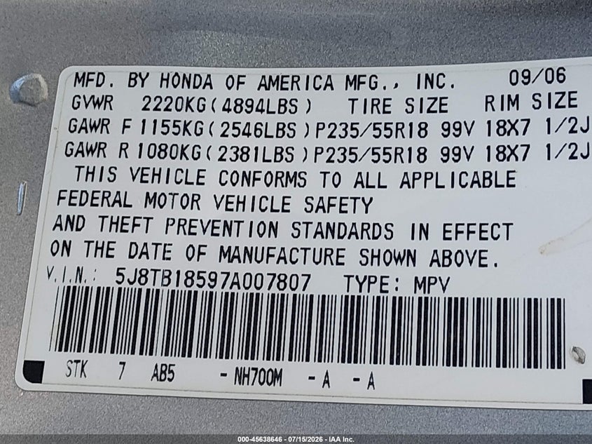 2007 Acura Rdx VIN: 5J8TB18597A007807 Lot: 45638646