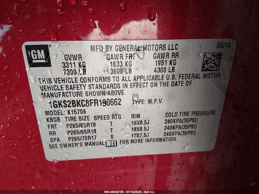 2015 GMC Yukon Slt VIN: 1GKS2BKC8FR190662 Lot: 45638709