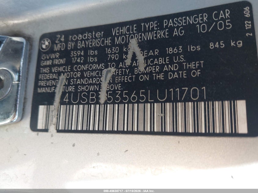 2005 BMW Z4 3.0I VIN: 4USBT53565LU11701 Lot: 45638717