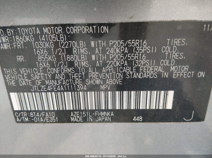 2010 Scion Xb VIN: JTLZE4FE4A1111394 Lot: 45638719