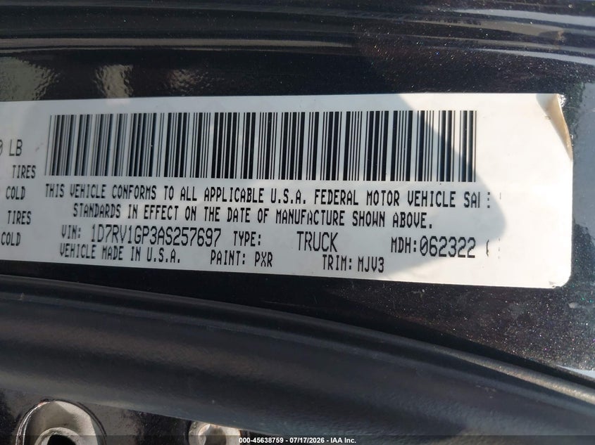 2010 Dodge Ram 1500 Slt/Sport/Trx VIN: 1D7RV1GP3AS257697 Lot: 45638759