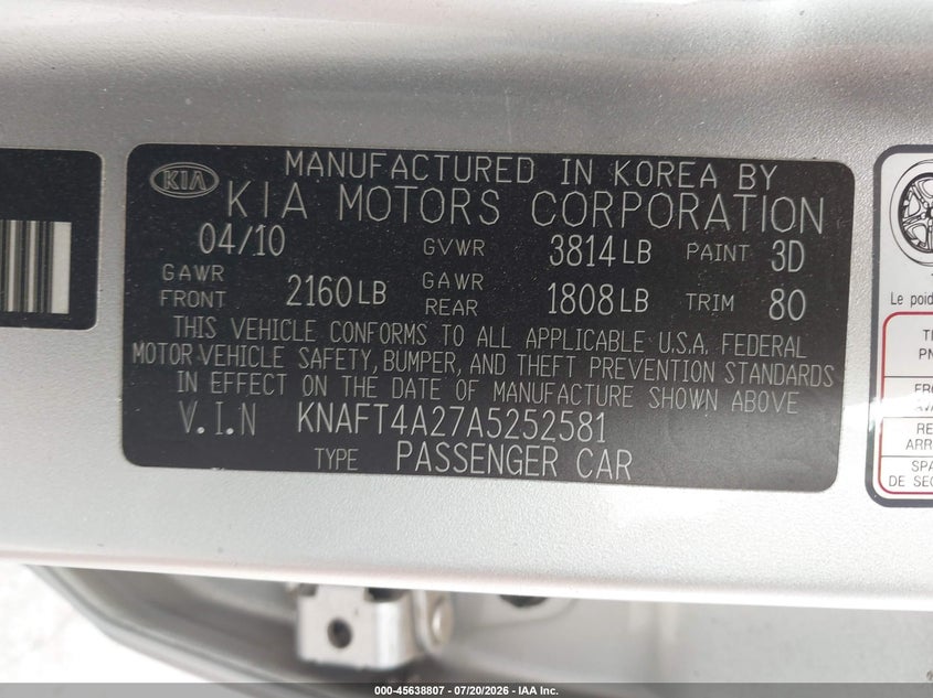 2010 Kia Forte Lx VIN: KNAFT4A27A5252581 Lot: 45638807