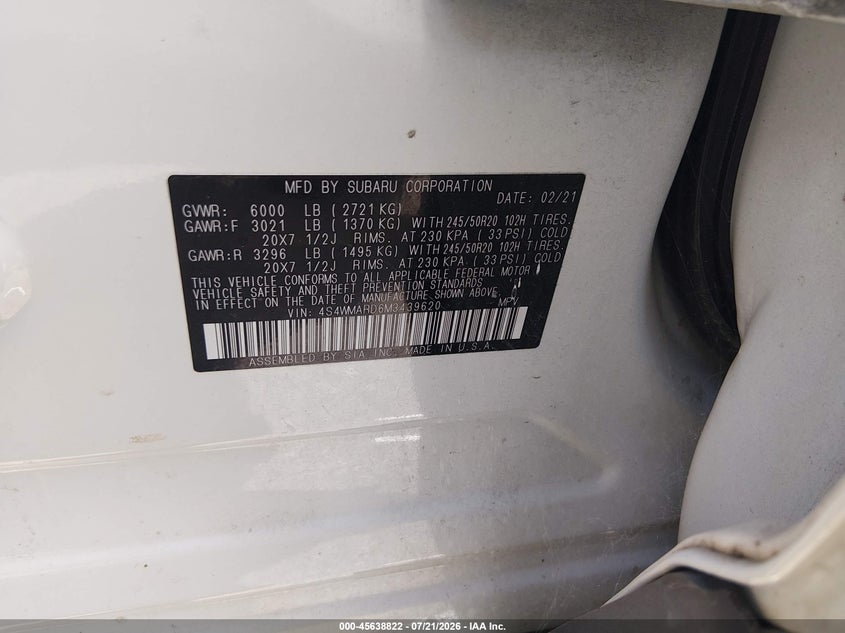 2021 Subaru Ascent Touring VIN: 4S4WMARD6M3439620 Lot: 45638822