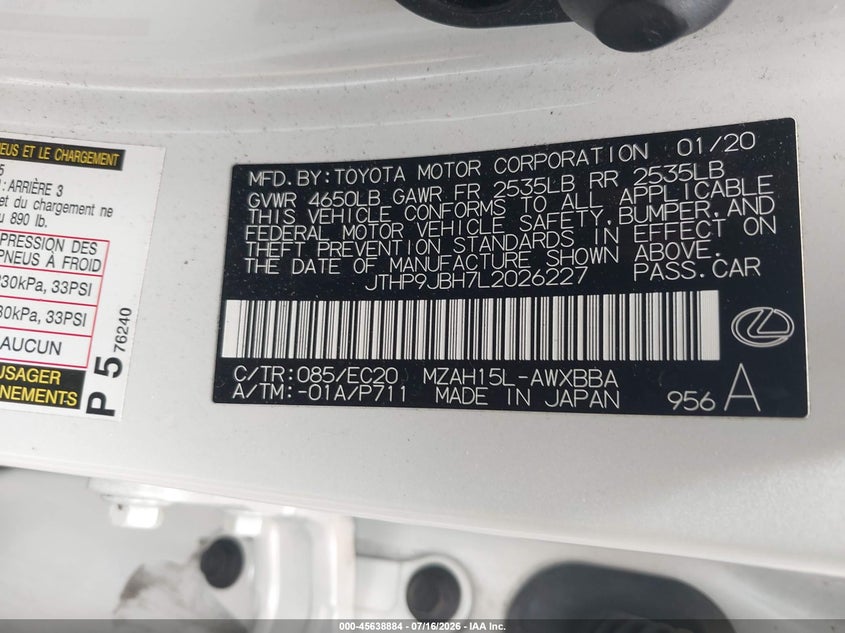 2020 Lexus Ux 250H VIN: JTHP9JBH7L2026227 Lot: 45638884