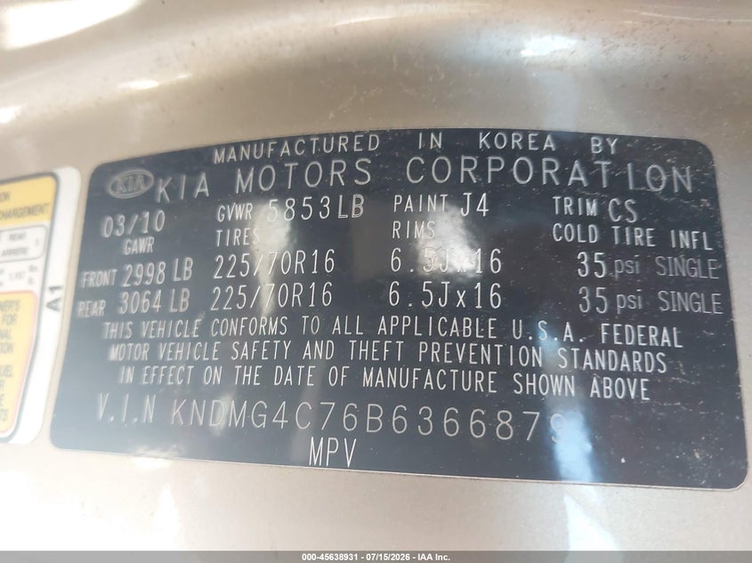 2011 Kia Sedona Lx VIN: KNDMG4C76B6366879 Lot: 45638931