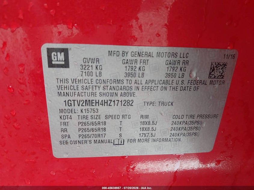 2017 GMC Sierra 1500 Sle VIN: 1GTV2MEH4HZ171282 Lot: 45638957