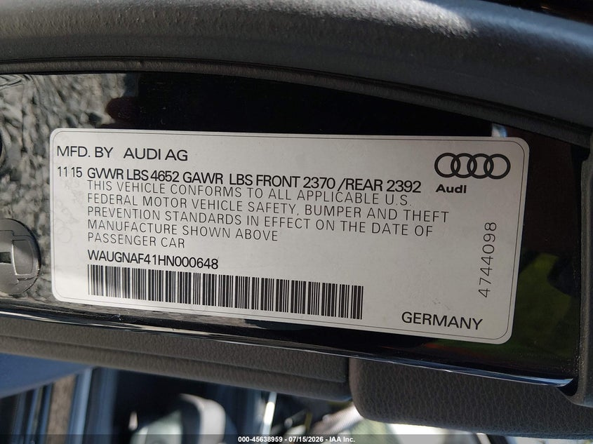 2017 Audi A4 Premium VIN: WAUGNAF41HN000648 Lot: 45638959
