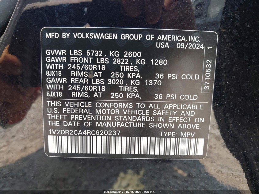 2024 Volkswagen Atlas 2.0T Se VIN: 1V2DR2CA4RC620237 Lot: 45639017