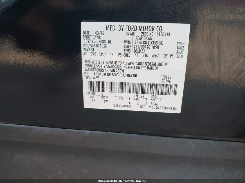 2016 Ford Explorer Limited VIN: 1FM5K8F83GGC49286 Lot: 45639043
