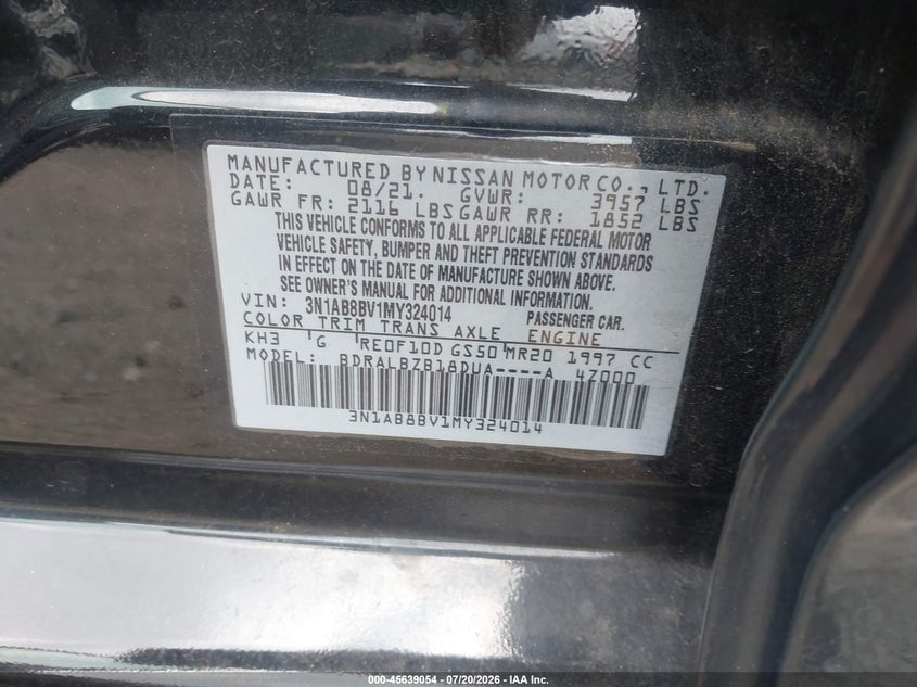 2021 Nissan Sentra S Xtronic Cvt VIN: 3N1AB8BV1MY324014 Lot: 45639054