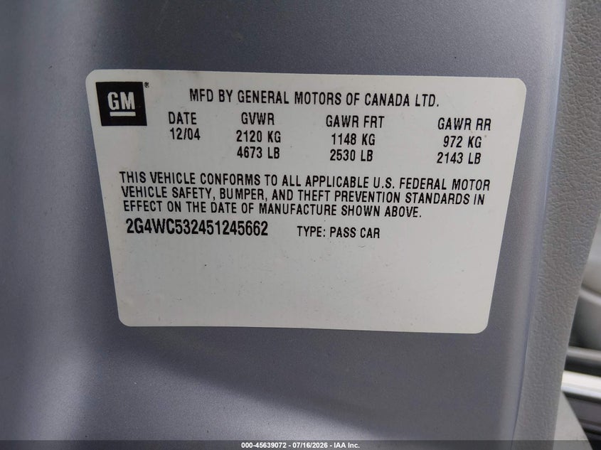 2005 Buick Lacrosse Cx VIN: 2G4WC532451245662 Lot: 45639072