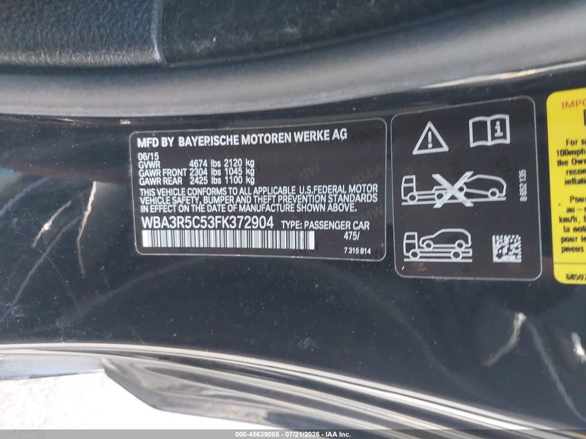 2015 BMW 435I xDrive VIN: WBA3R5C53FK372904 Lot: 45639085