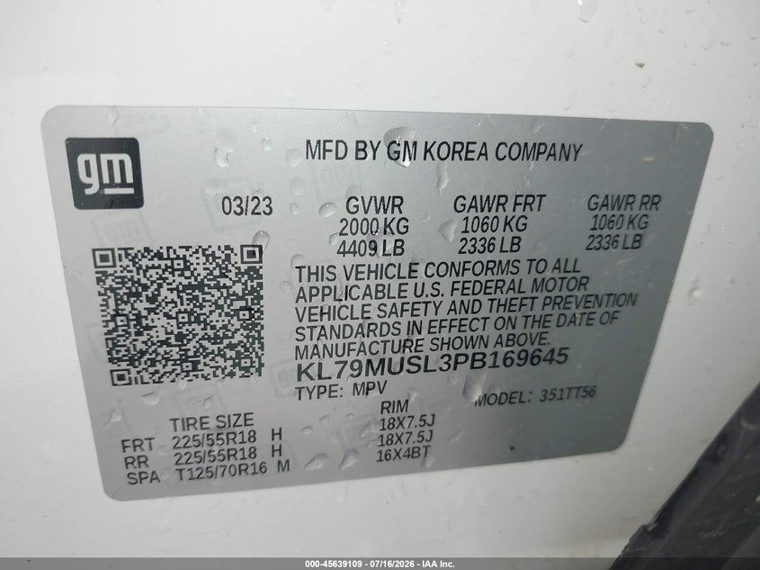 2023 Chevrolet Trailblazer Awd Rs VIN: KL79MUSL3PB169645 Lot: 45639109