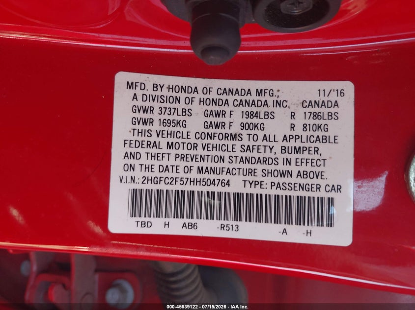 2017 HONDA CIVIC SEDAN 2.0L I-4 DOHC, VVT, 158HP