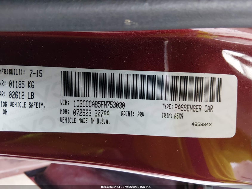 2015 Chrysler 200 Limited VIN: 1C3CCCAB5FN753030 Lot: 45639154
