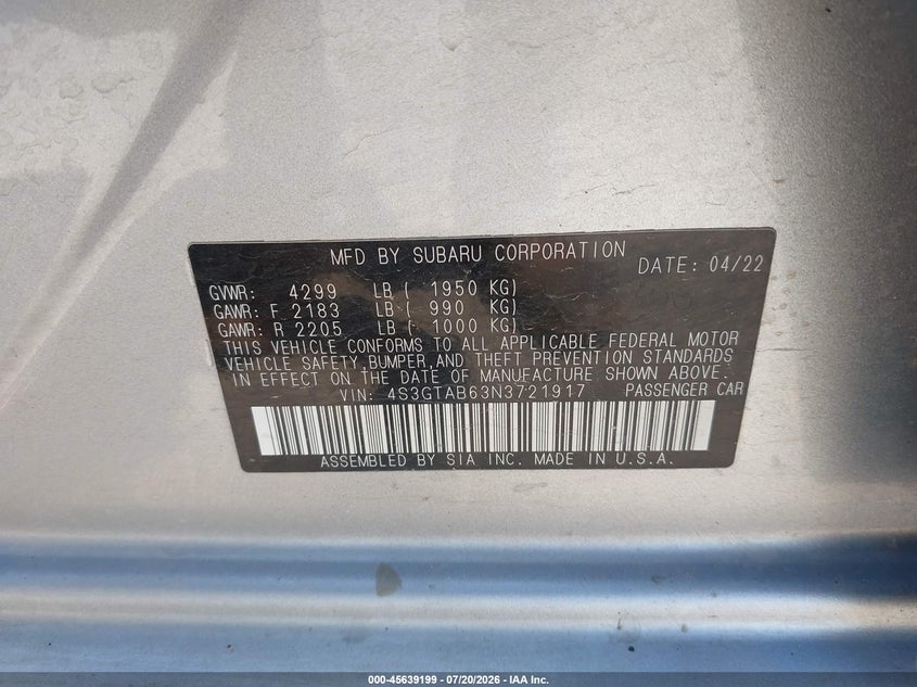 2022 Subaru Impreza Base 5-Door VIN: 4S3GTAB63N3721917 Lot: 45639199