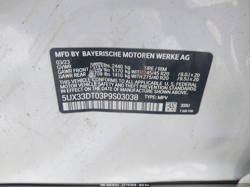2023 BMW X4 xDrive30I VIN: 5UX33DT03P9S03038 Lot: 45639253