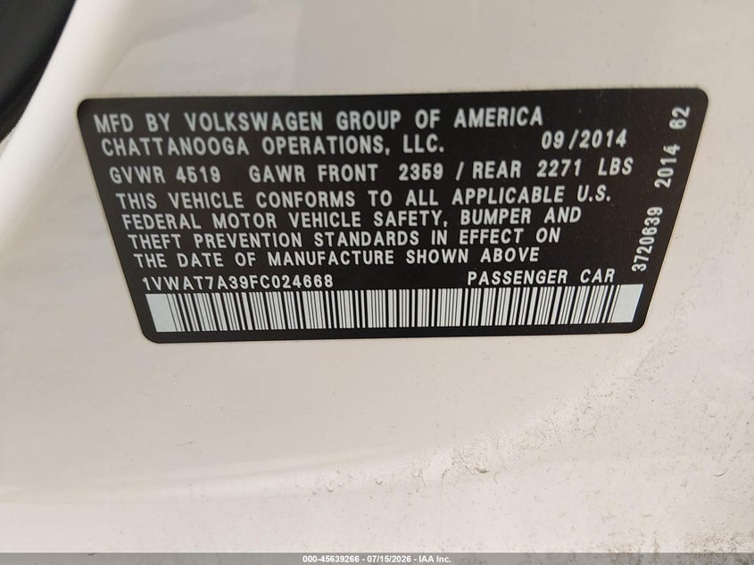 2015 Volkswagen Passat 1.8T Wolfsburg Edition VIN: 1VWAT7A39FC024668 Lot: 45639266