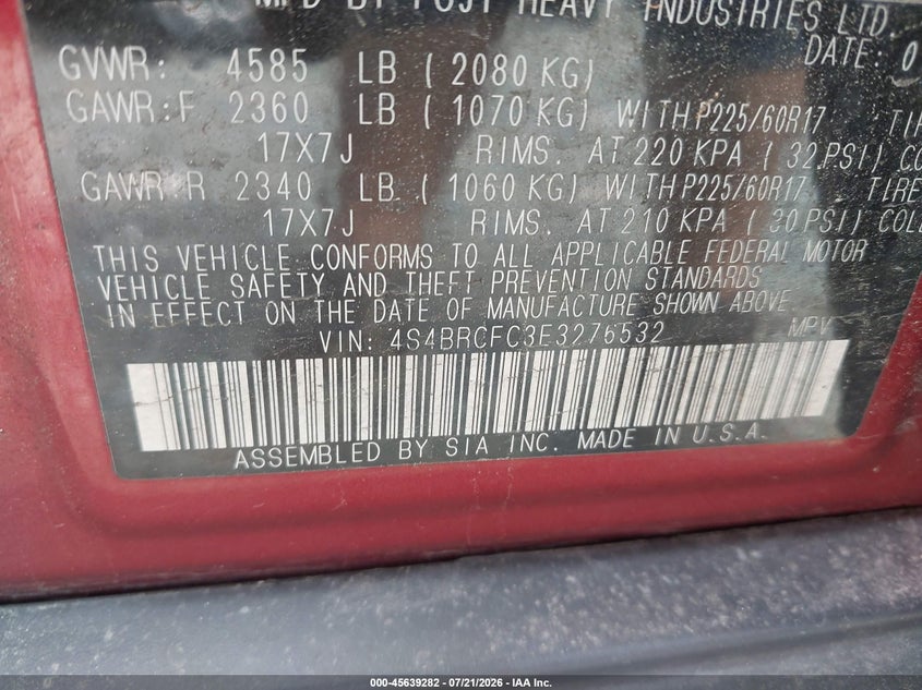 2014 Subaru Outback 2.5I Premium VIN: 4S4BRCFC3E3276532 Lot: 45639282