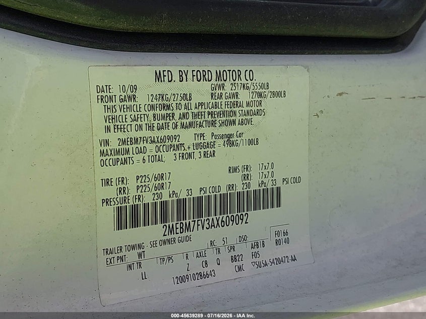 2010 Mercury Grand Marquis Ls (Fleet Only) VIN: 2MEBM7FV3AX609092 Lot: 45639289