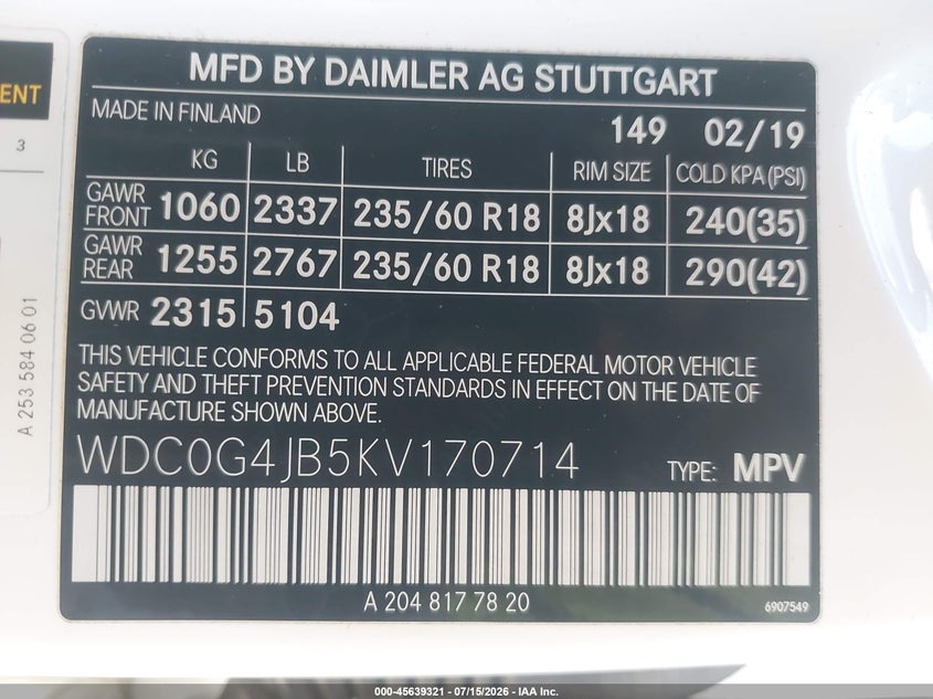 2019 Mercedes-Benz Glc 300 VIN: WDC0G4JB5KV170714 Lot: 45639321