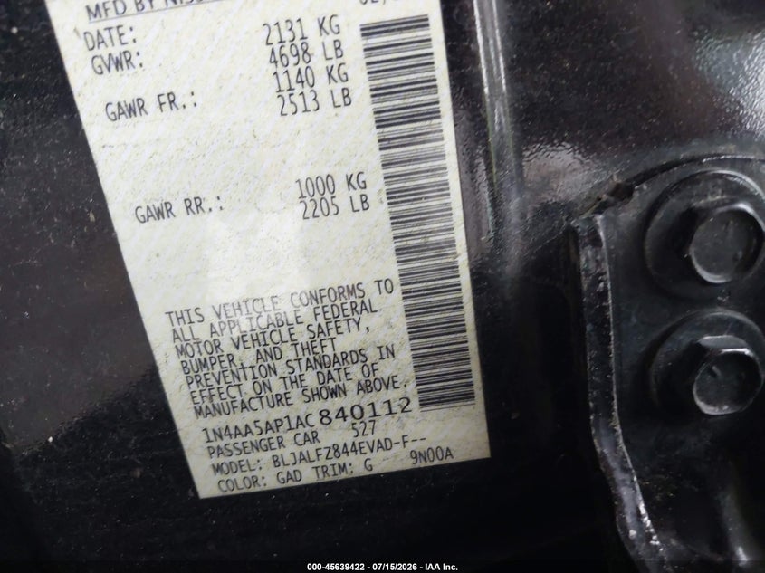 2010 Nissan Maxima 3.5 Sv VIN: 1N4AA5AP1AC840112 Lot: 45639422