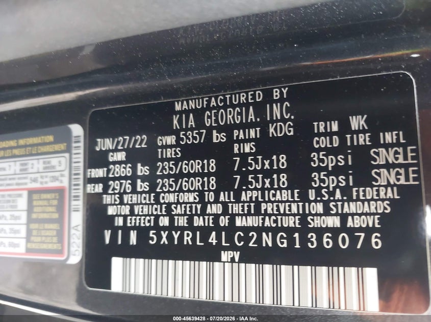 2022 Kia Sorento S VIN: 5XYRL4LC2NG136076 Lot: 45639428