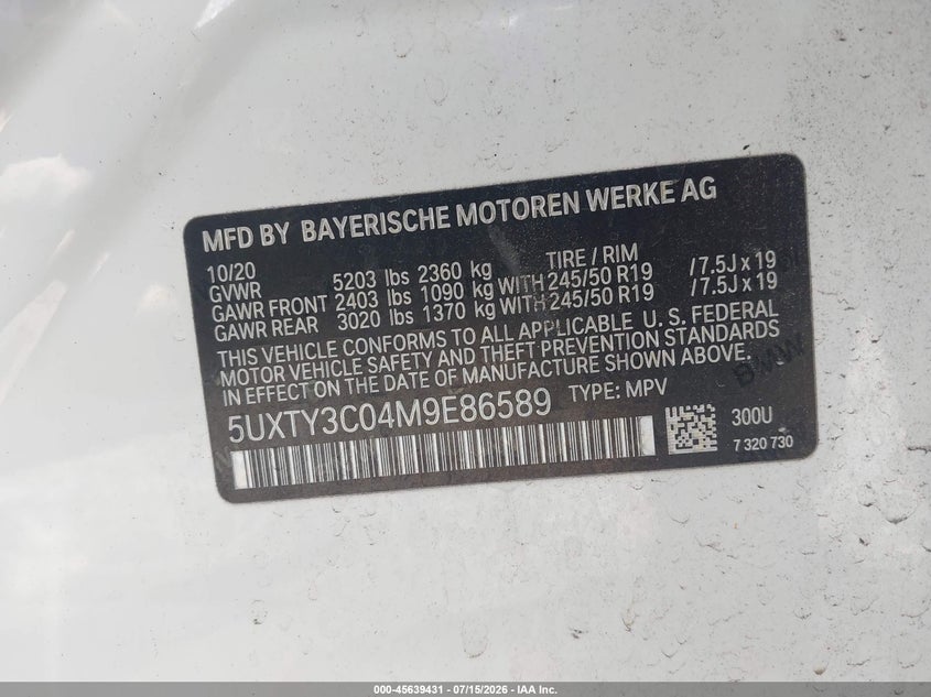2021 BMW X3 Sdrive30I VIN: 5UXTY3C04M9E86589 Lot: 45639431