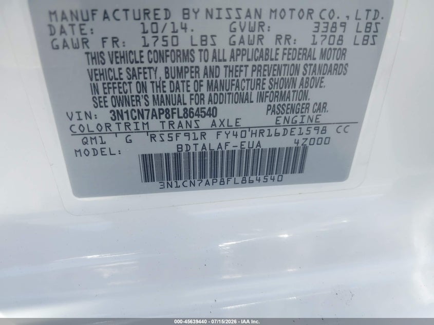 2015 Nissan Versa 1.6 S VIN: 3N1CN7AP8FL864540 Lot: 45639440