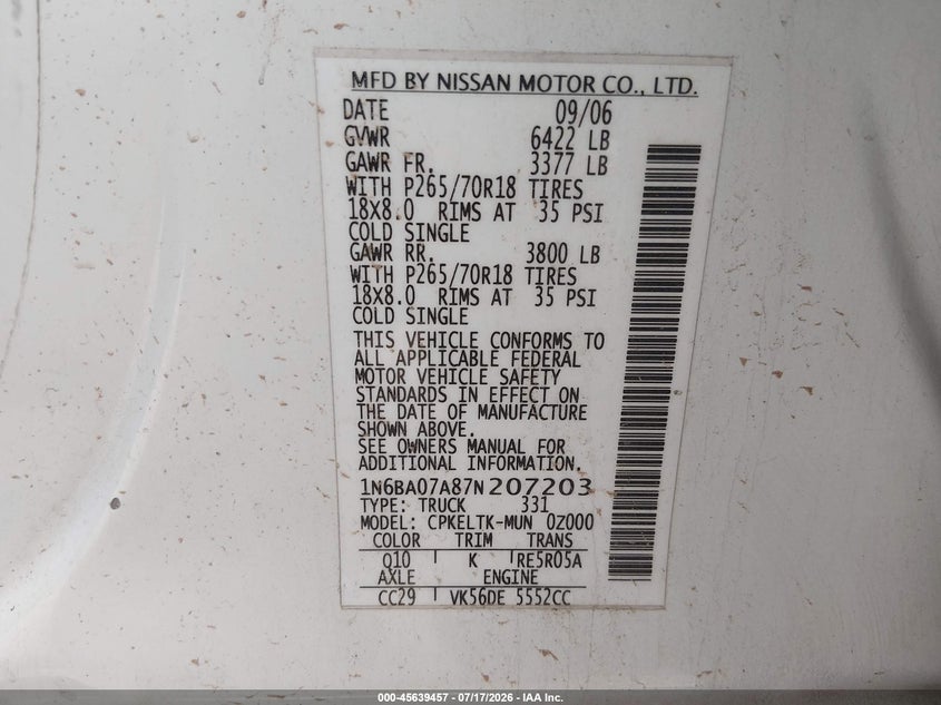 2007 Nissan Titan Se VIN: 1N6BA07A87N207203 Lot: 45639457