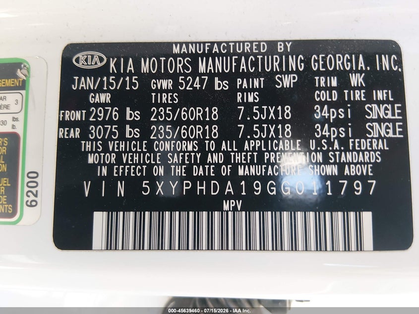 2016 Kia Sorento 2.0T Ex VIN: 5XYPHDA19GG011797 Lot: 45639460