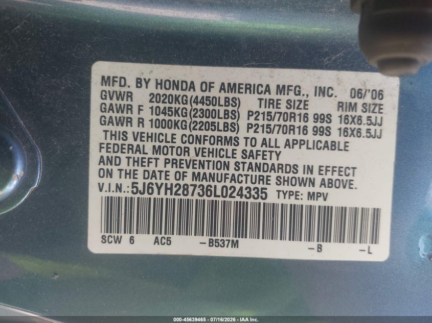 2006 Honda Element Ex-P VIN: 5J6YH28736L024335 Lot: 45639465