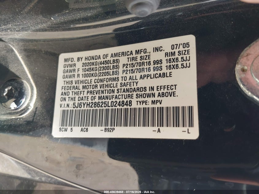 2005 Honda Element Ex VIN: 5J6YH28625L024848 Lot: 45639468