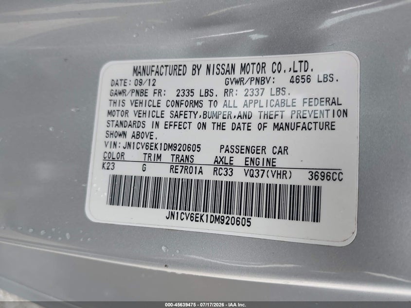 2013 Infiniti G37 Journey VIN: JN1CV6EK1DM920605 Lot: 45639475