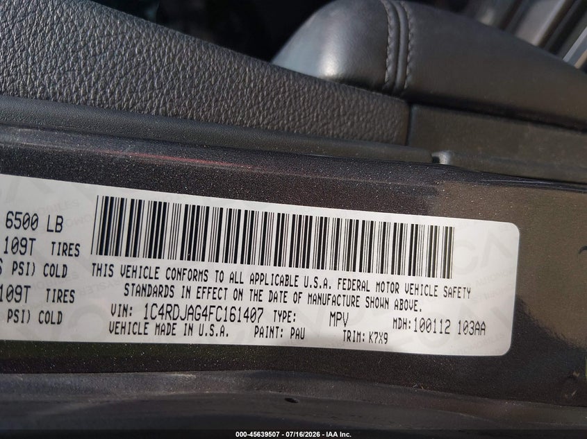 2015 Dodge Durango Sxt VIN: 1C4RDJAG4FC161407 Lot: 45639507