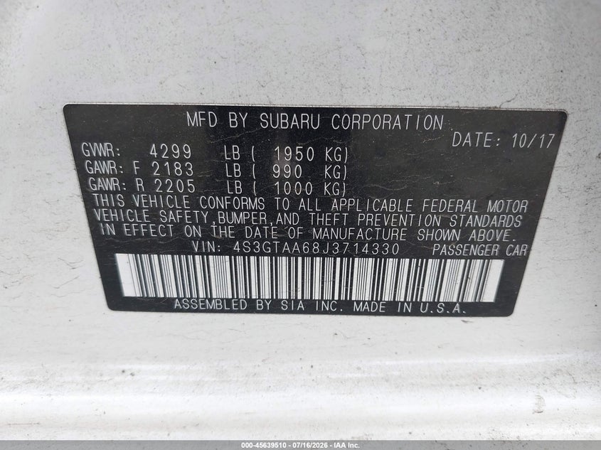 2018 Subaru Impreza 2.0I VIN: 4S3GTAA68J3714330 Lot: 45639510