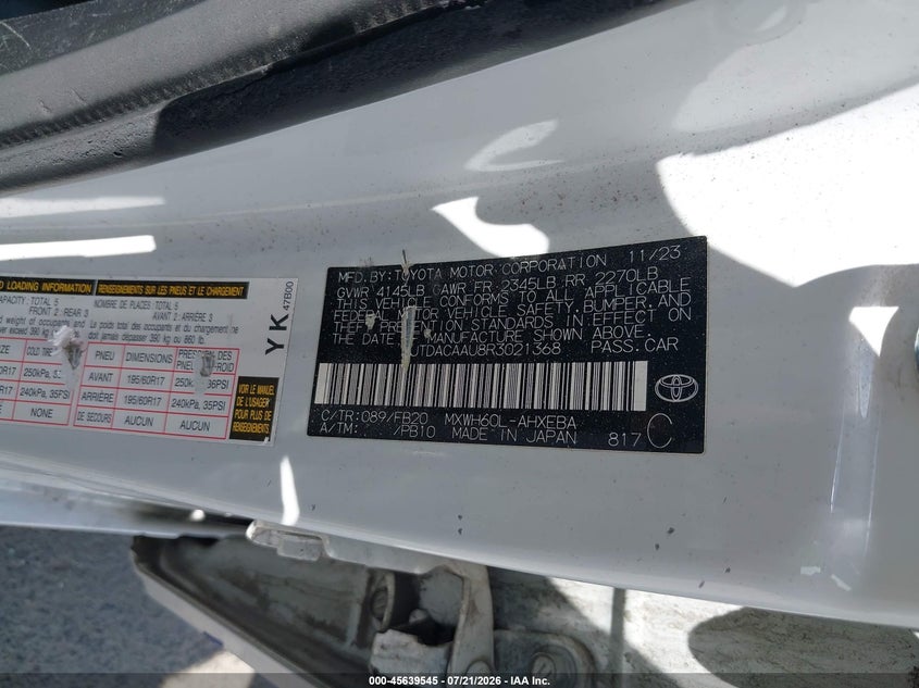 2024 Toyota Prius Le VIN: JTDACAAU8R3021368 Lot: 45639545