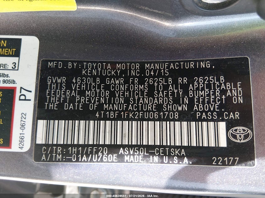 2015 Toyota Camry Se VIN: 4T1BF1FK2FU061708 Lot: 45639551