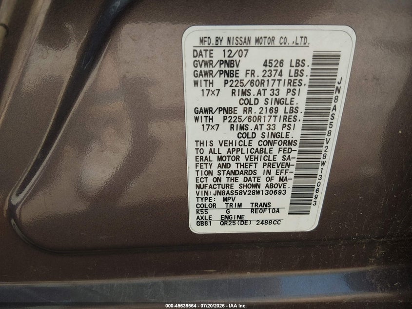 2008 Nissan Rogue Sl VIN: JN8AS58V28W130693 Lot: 45639564