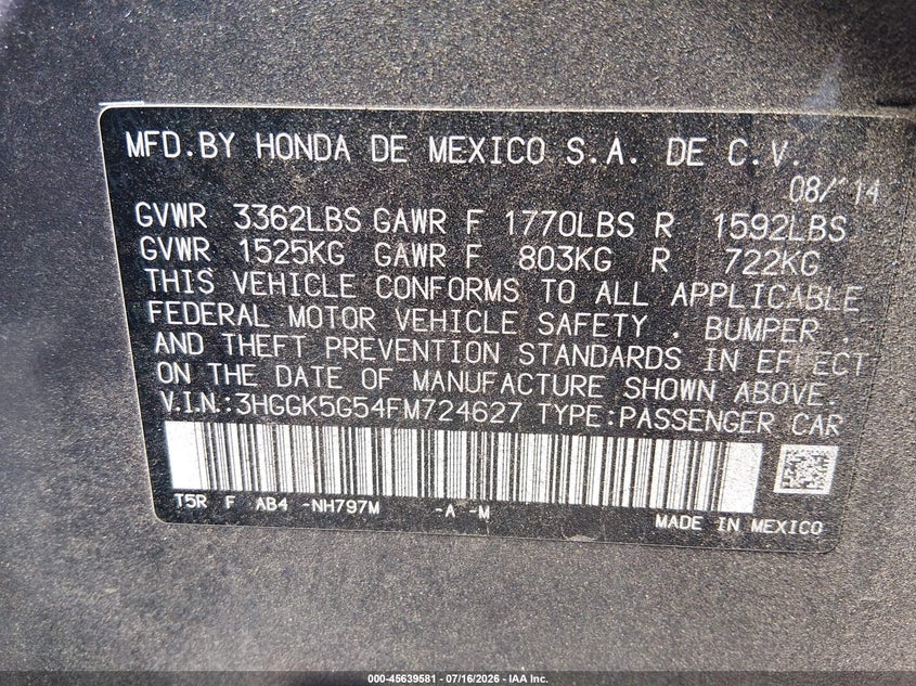 2015 Honda Fit Lx VIN: 3HGGK5G54FM724627 Lot: 45639581